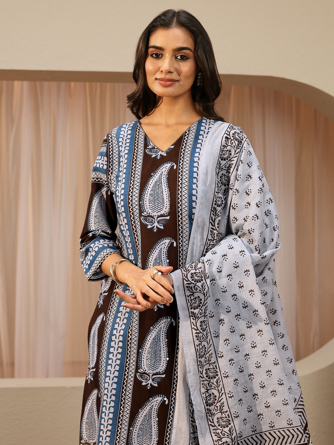 Brown Paisley Printed Cotton Straight Suit Set