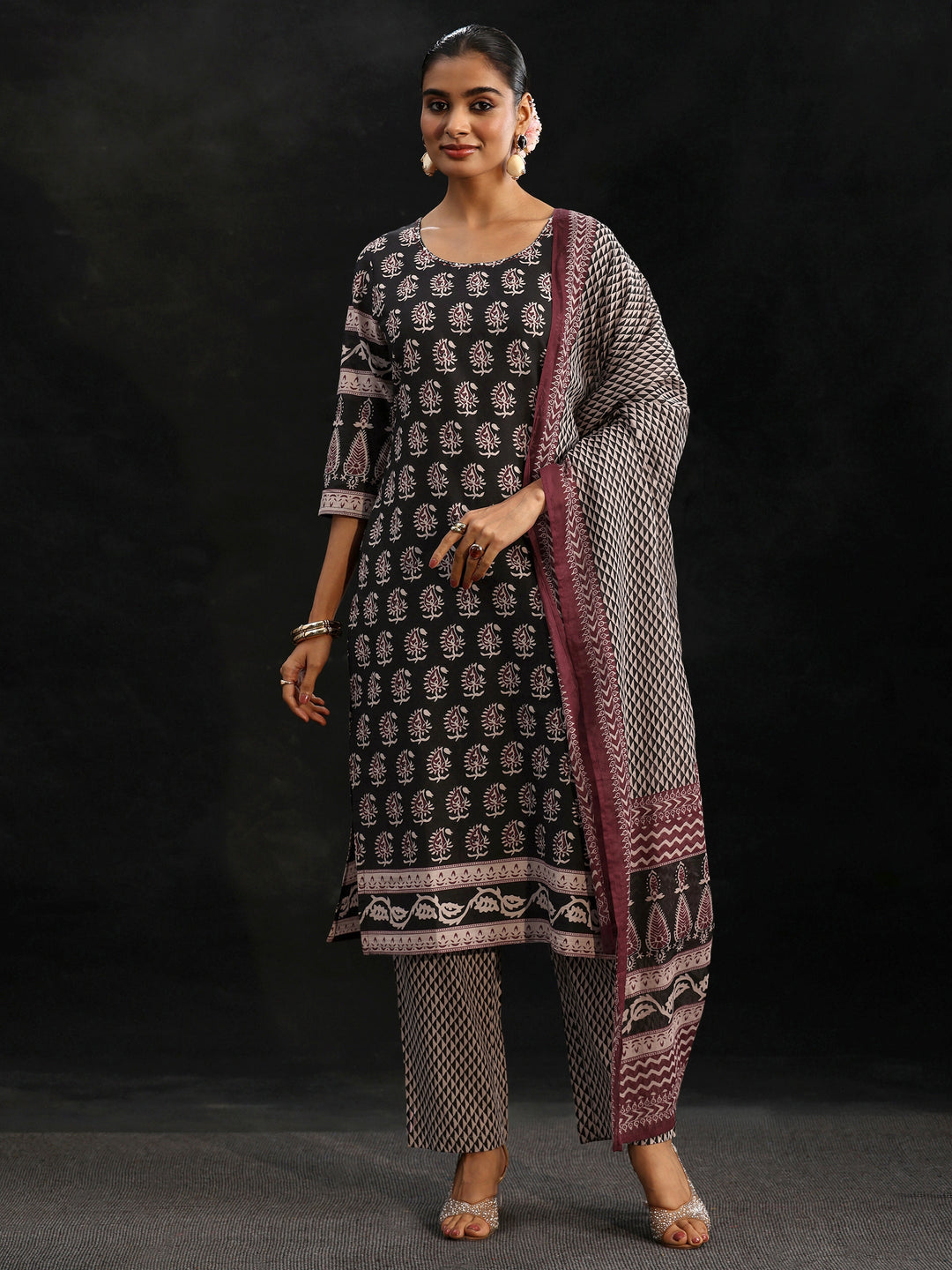 Libas Black Ajrakh Printed Cotton Straight Suit Set