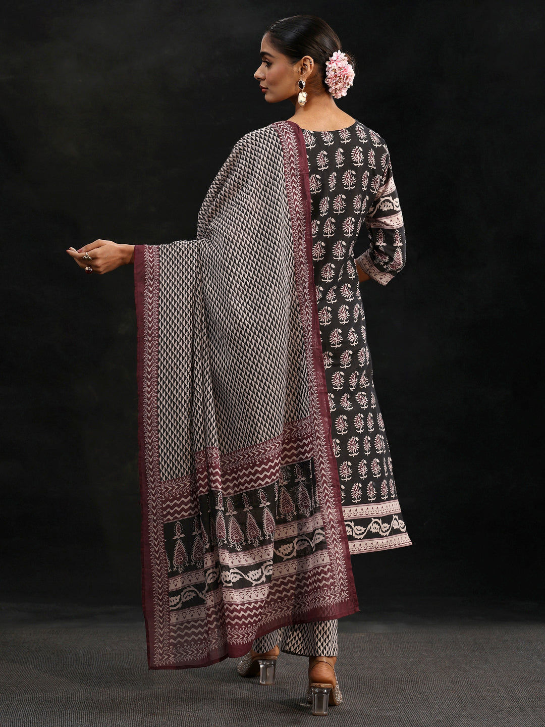 Libas Black Ajrakh Printed Cotton Straight Suit Set