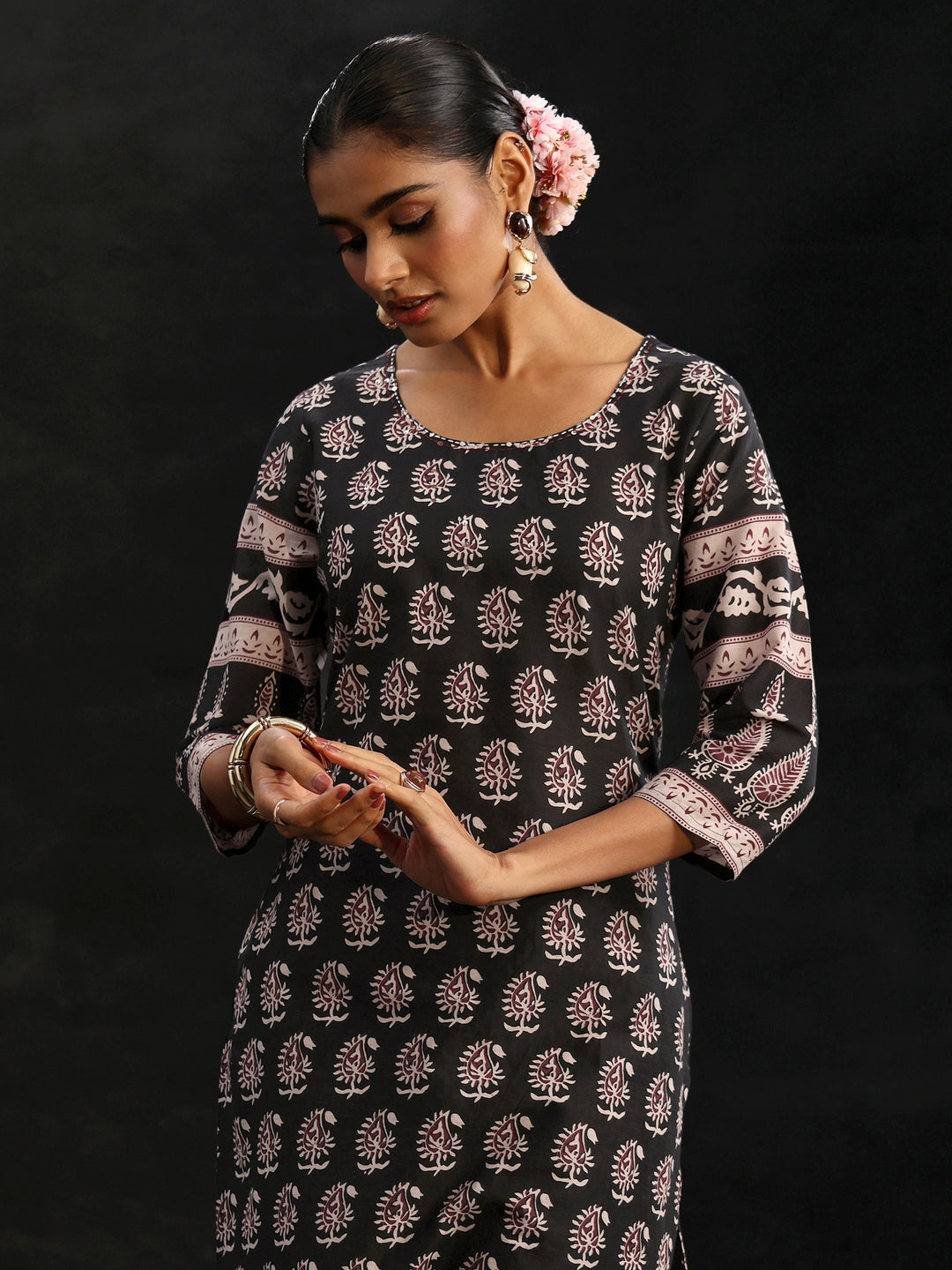Libas Black Ajrakh Printed Cotton Straight Suit Set