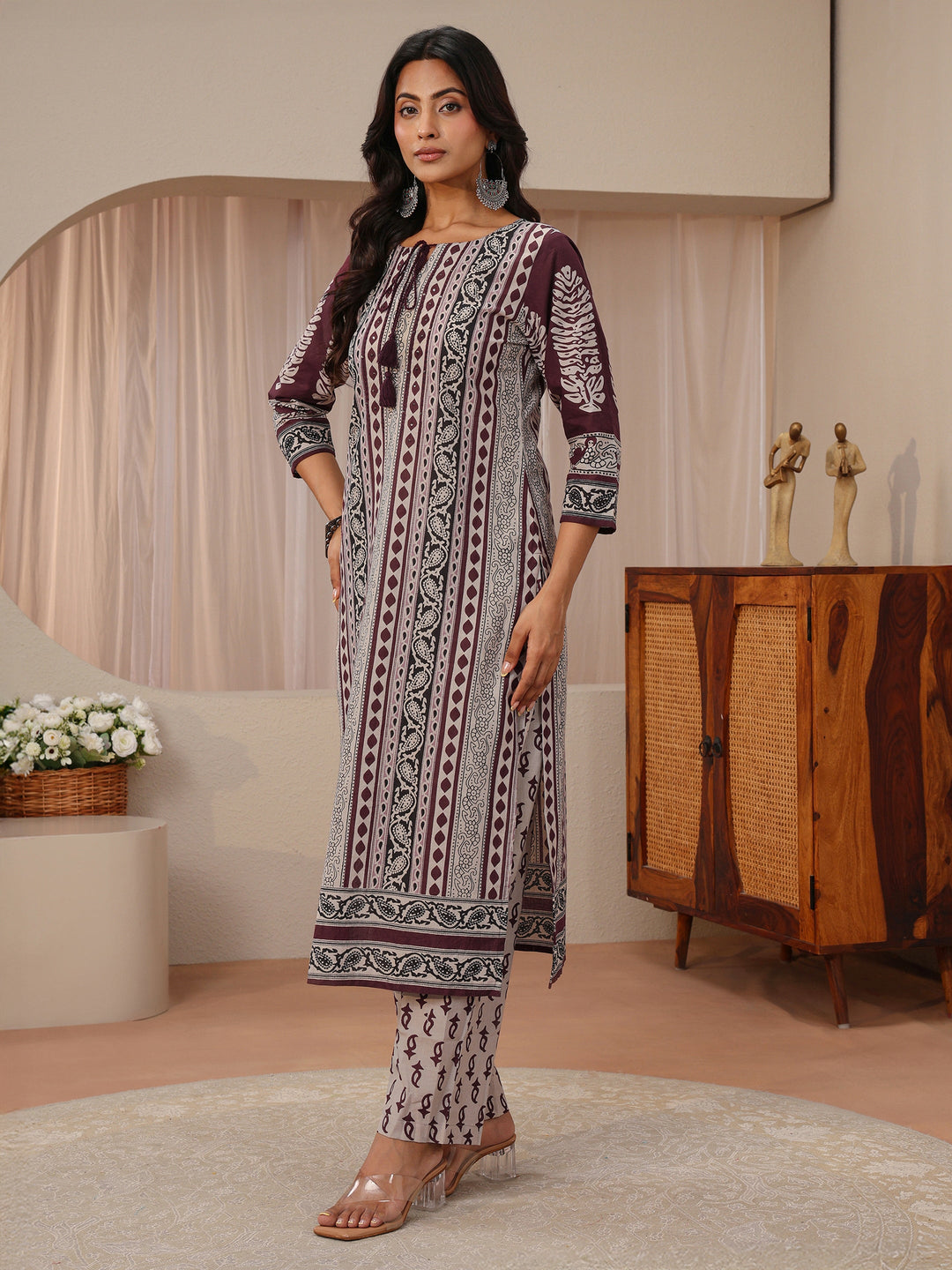 Maroon Ethnic Printed Cotton Straight Suit Set