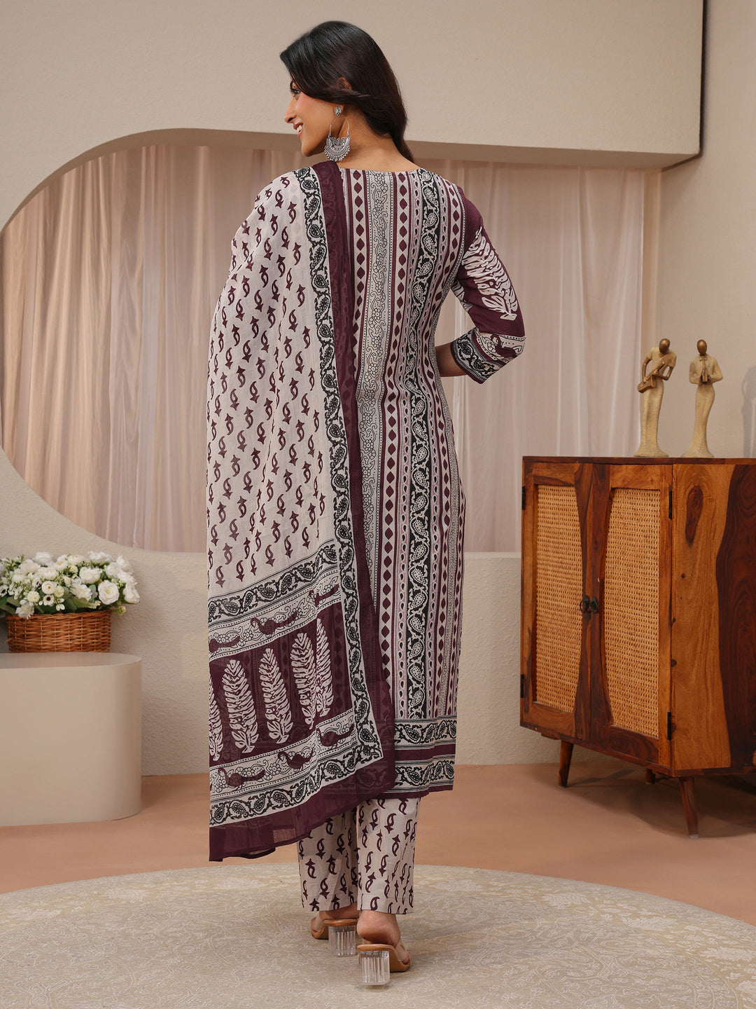Maroon Ethnic Printed Cotton Straight Suit Set