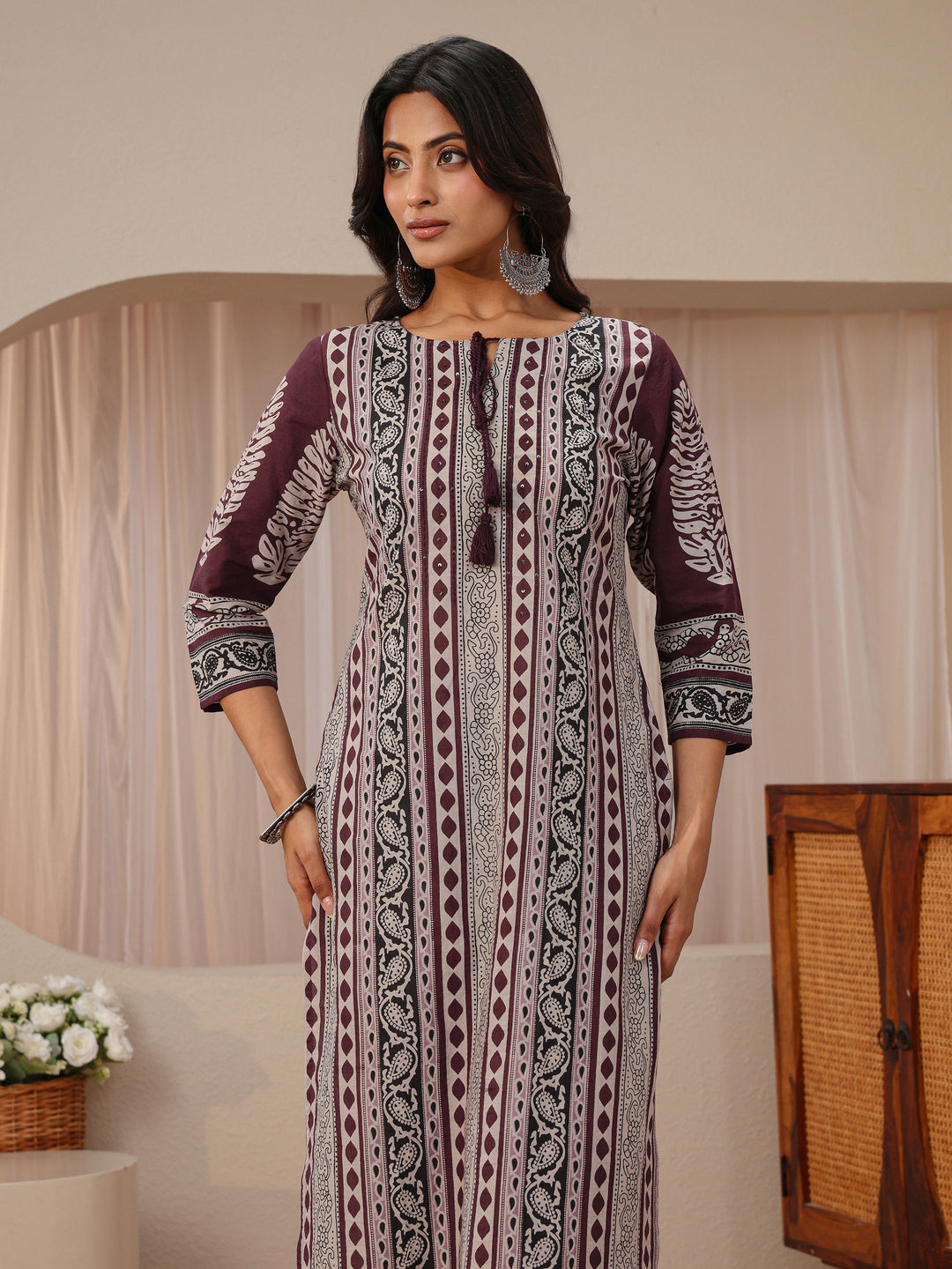Maroon Ethnic Printed Cotton Straight Suit Set
