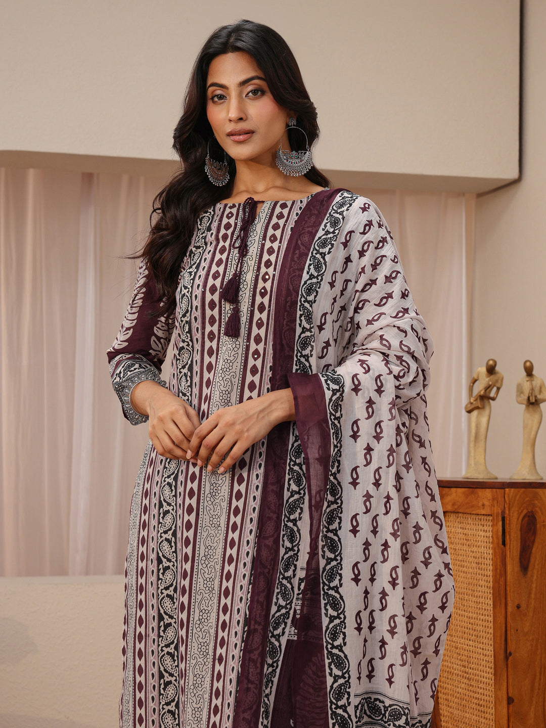 Maroon Ethnic Printed Cotton Straight Suit Set