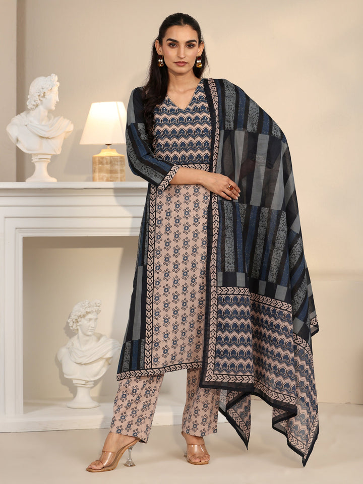 Libas Blue Printed Cotton Straight Suit Set