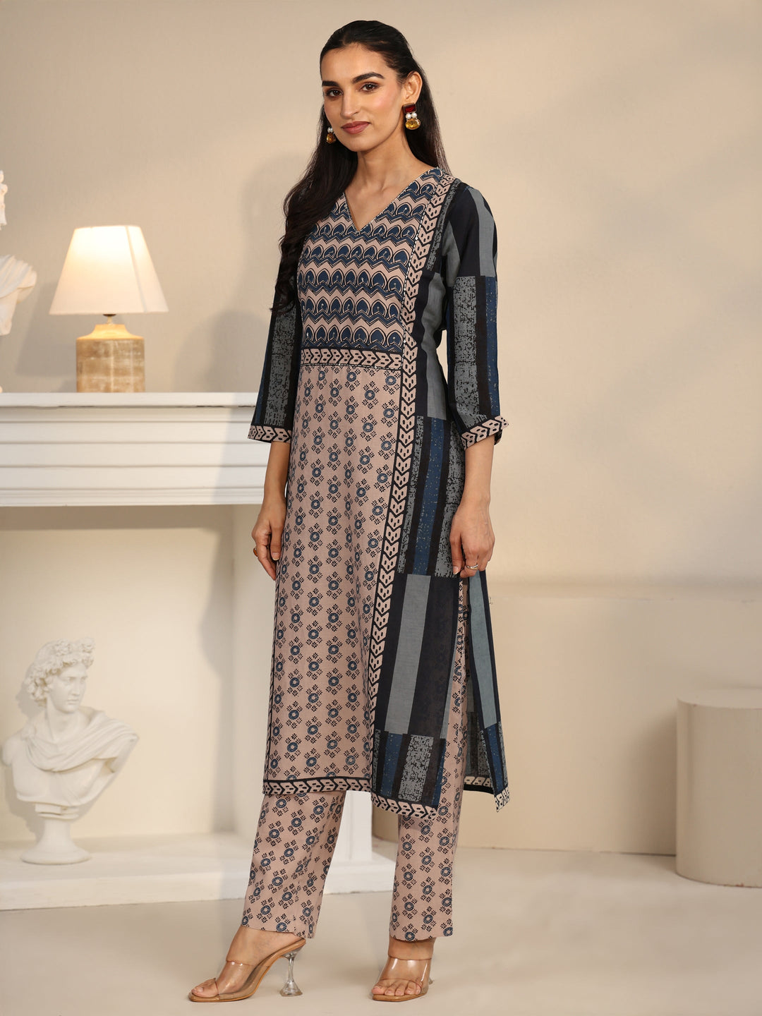 Libas Blue Printed Cotton Straight Suit Set