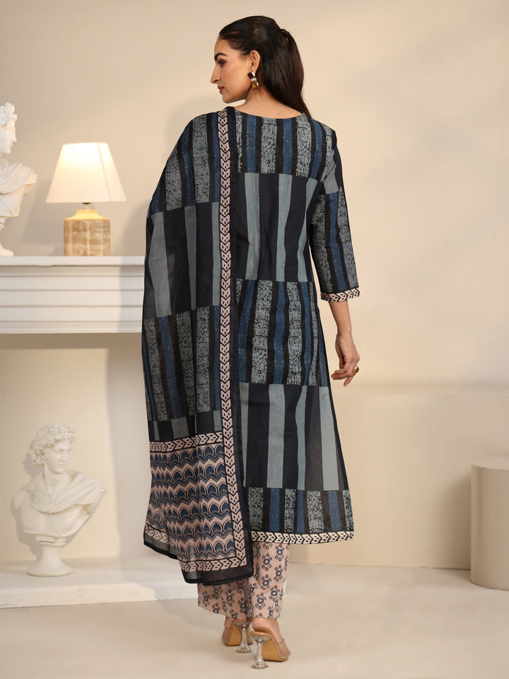 Libas Blue Printed Cotton Straight Suit Set