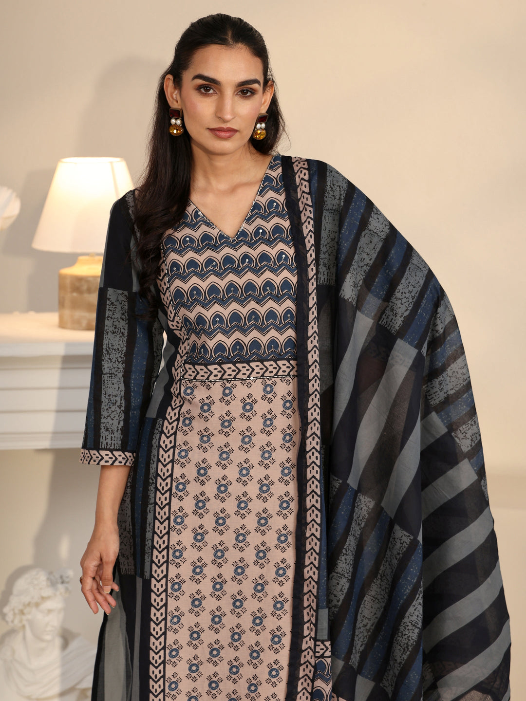 Libas Blue Printed Cotton Straight Suit Set