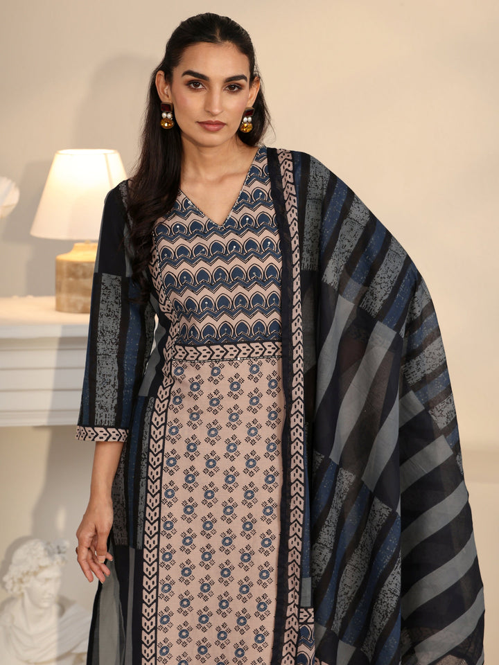 Libas Blue Printed Cotton Straight Suit Set
