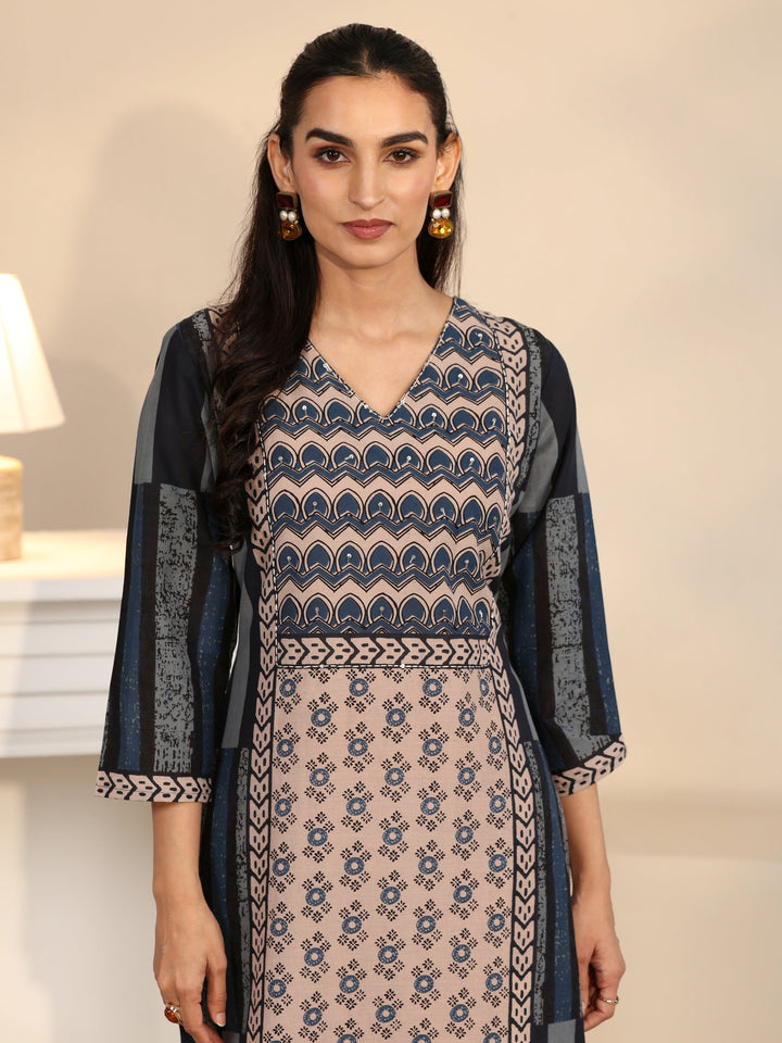 Libas Blue Printed Cotton Straight Suit Set