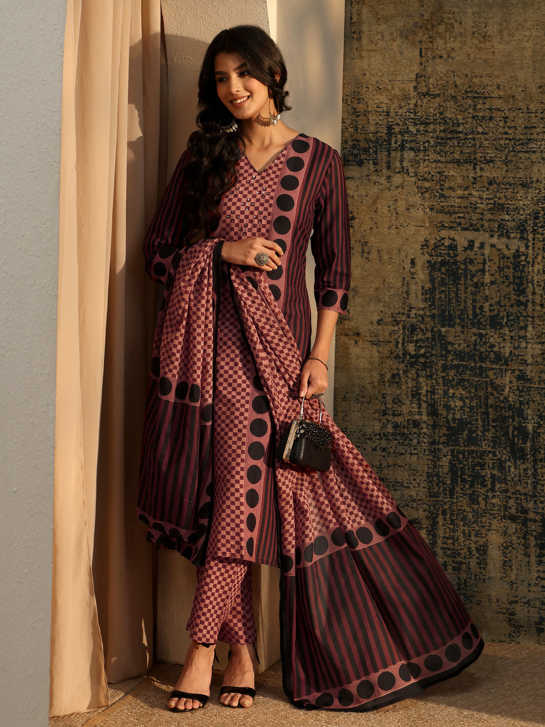 Libas Brown Ajrakh Printed Cotton Straight Suit Set