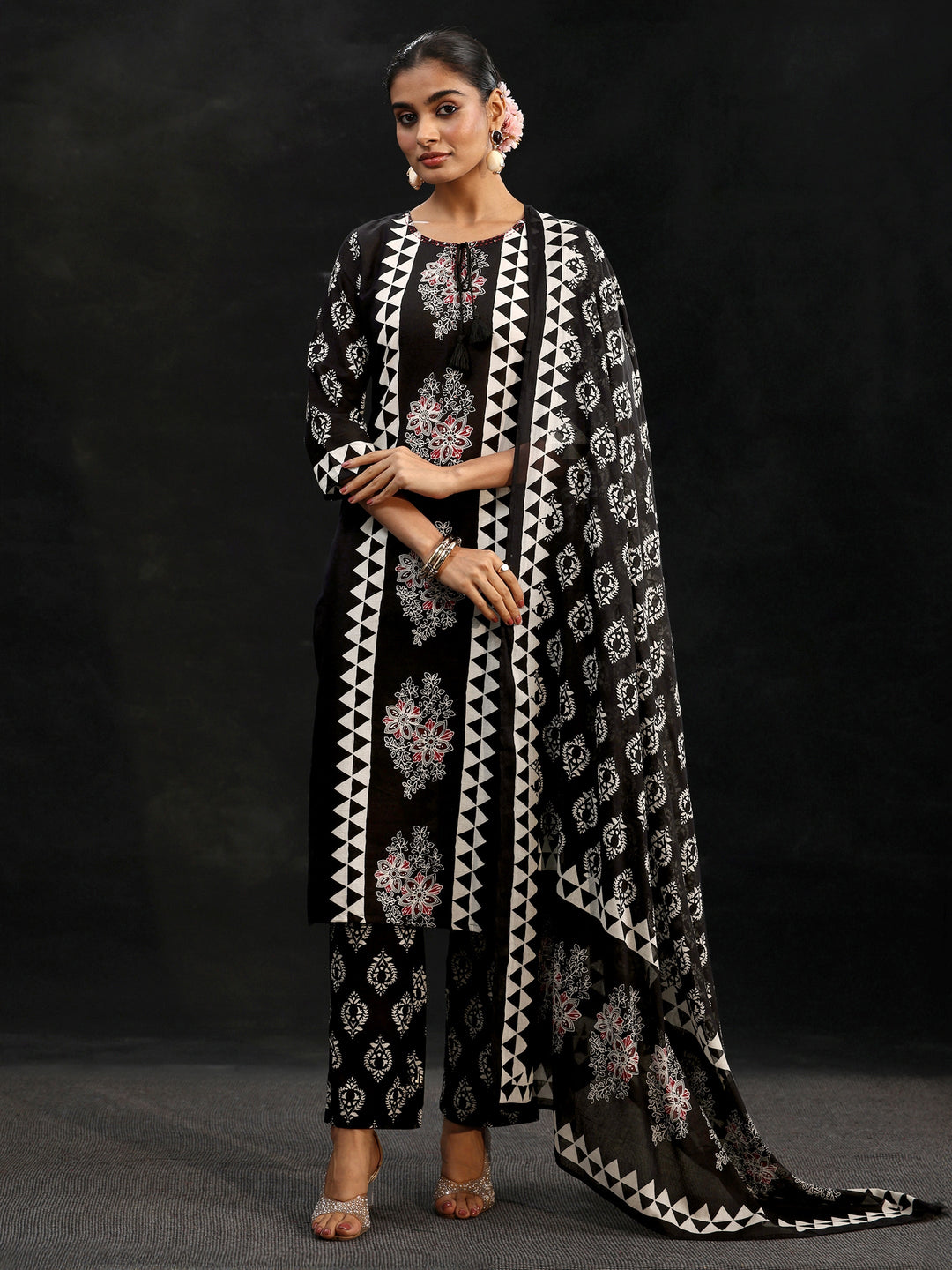 Libas Black Block Print Cotton Straight Suit Set