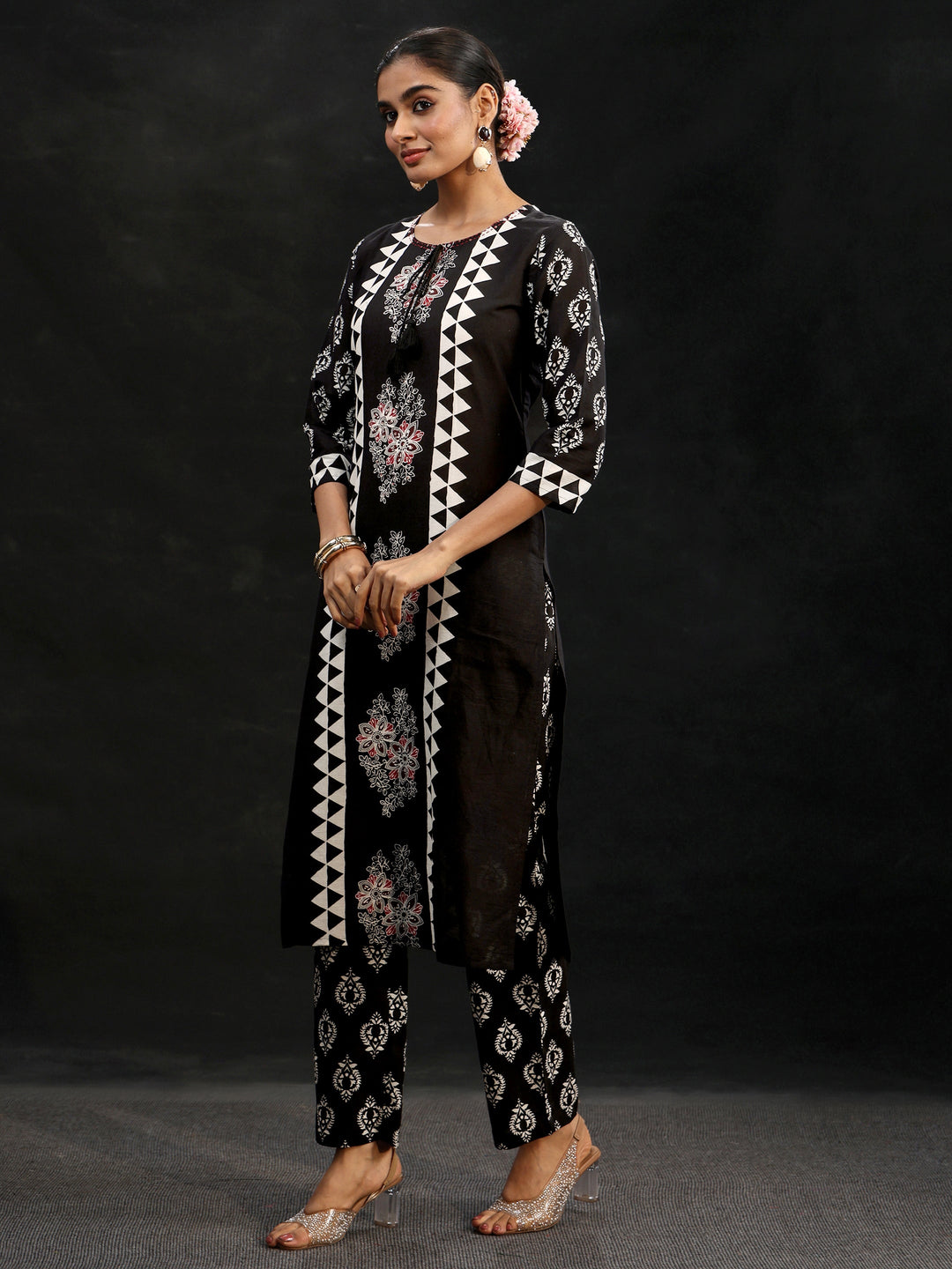 Libas Black Block Print Cotton Straight Suit Set