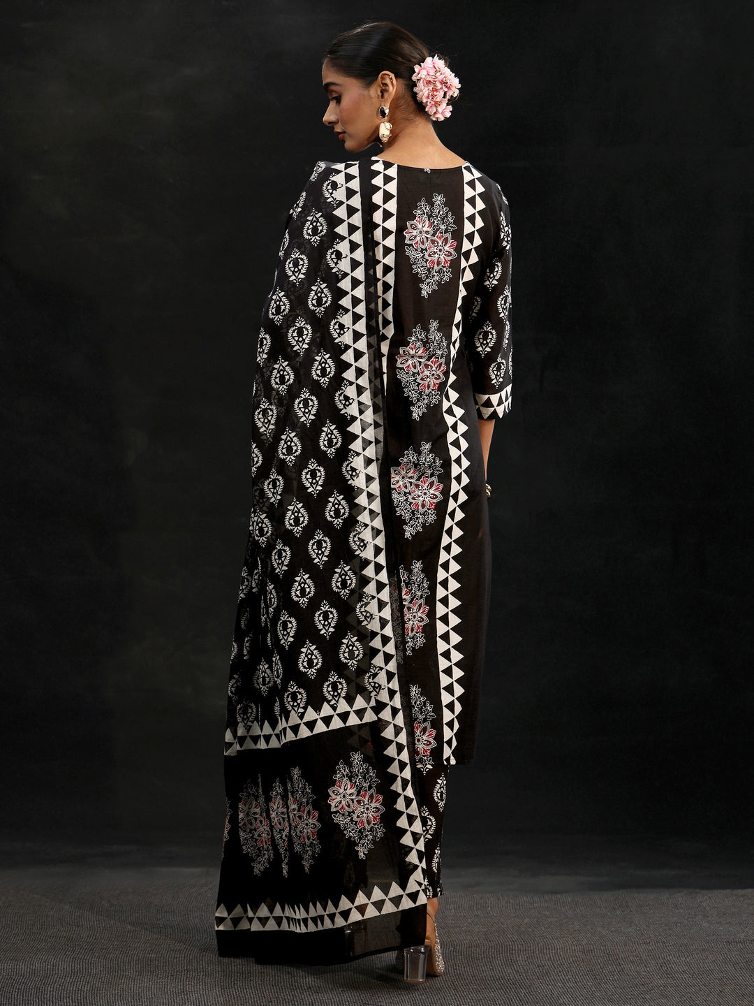 Libas Black Block Print Cotton Straight Suit Set