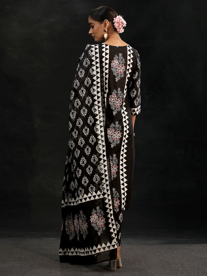 Libas Black Block Print Cotton Straight Suit Set
