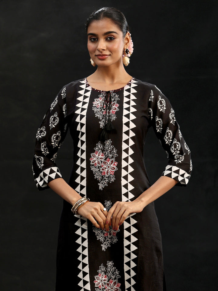 Libas Black Block Print Cotton Straight Suit Set