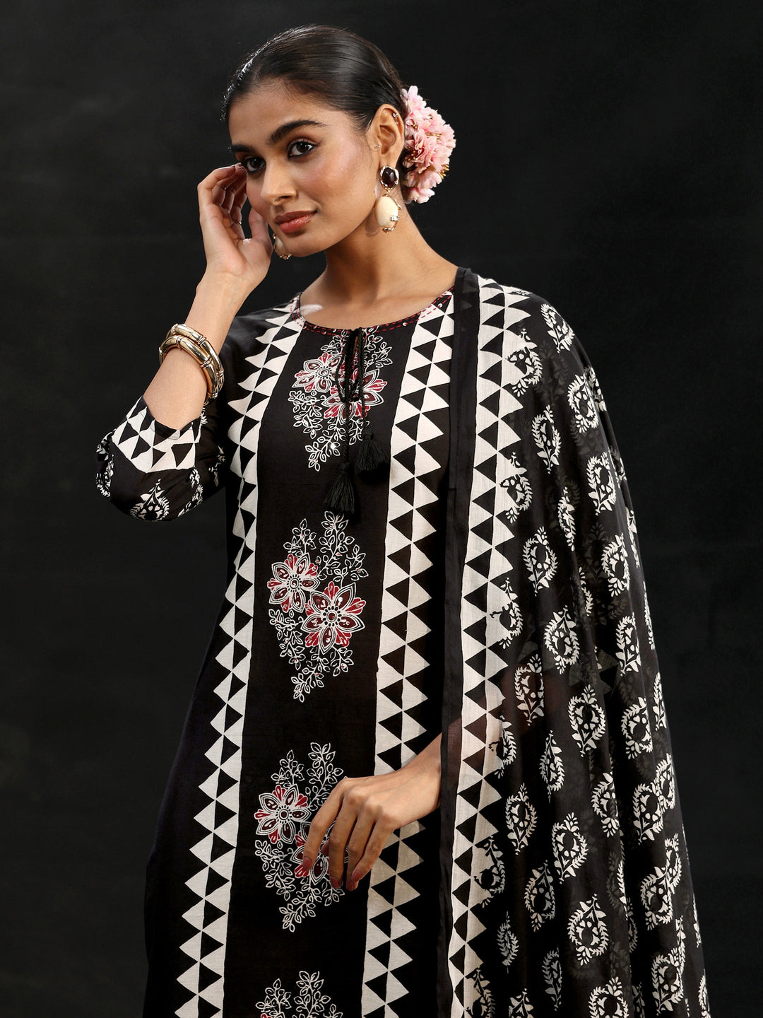 Libas Black Block Print Cotton Straight Suit Set