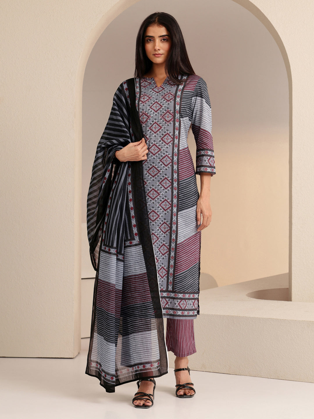 Libas Grey Ajrakh Print Straight Cotton Suit Set