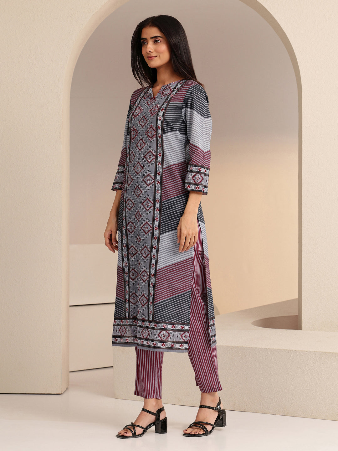 Libas Grey Ajrakh Print Straight Cotton Suit Set