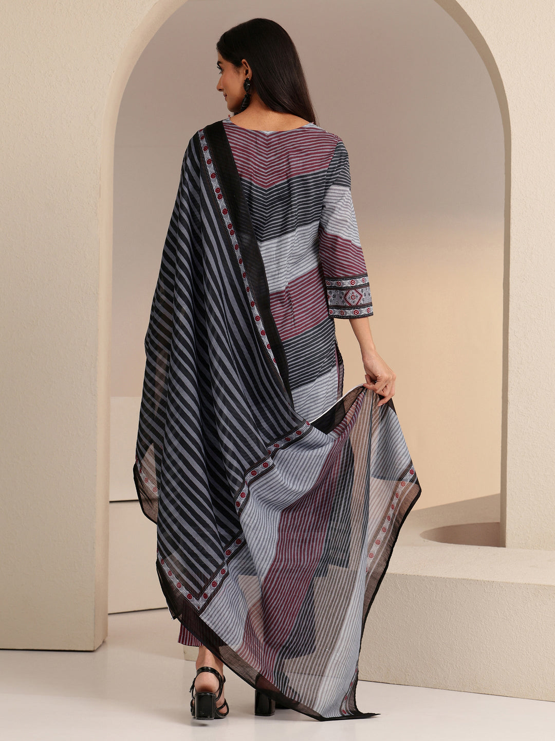 Libas Grey Ajrakh Print Straight Cotton Suit Set