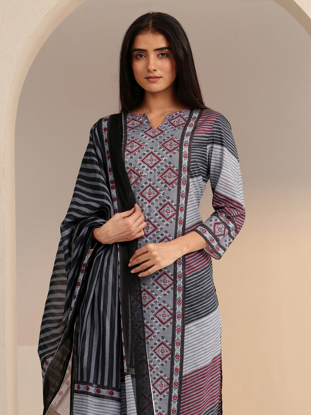 Libas Grey Ajrakh Print Straight Cotton Suit Set