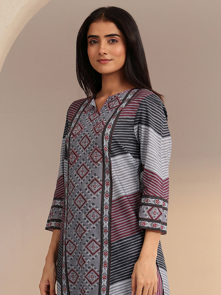 Libas Grey Ajrakh Print Straight Cotton Suit Set