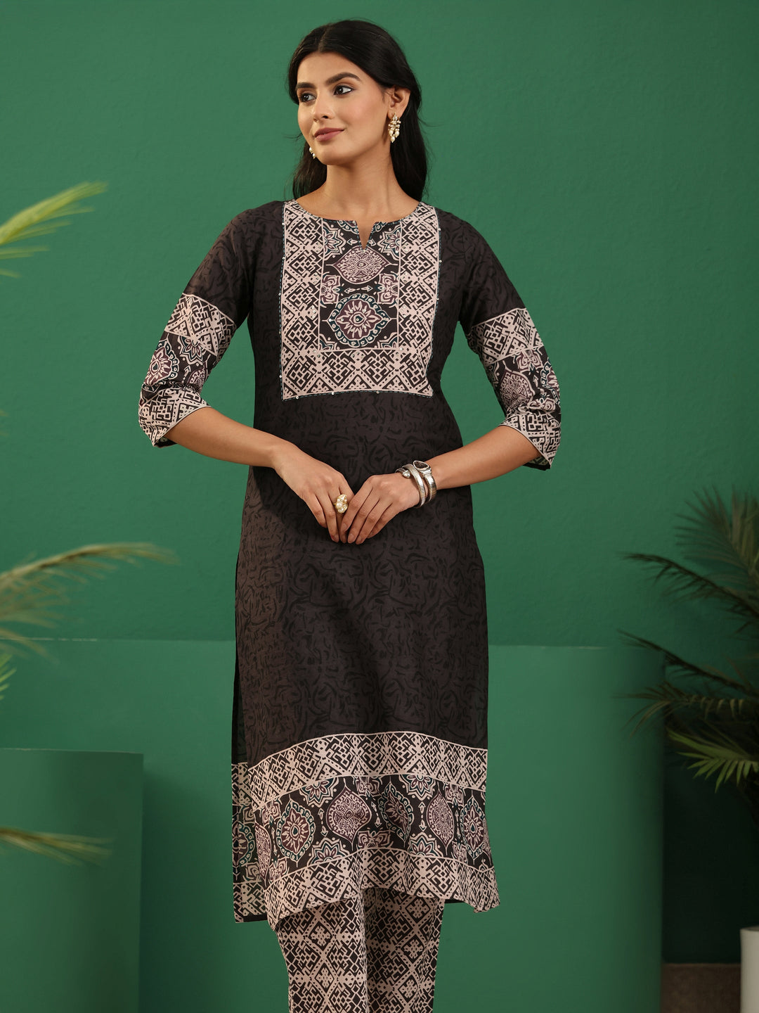 Libas Brown Ajrakh Cotton Straight Suit Set