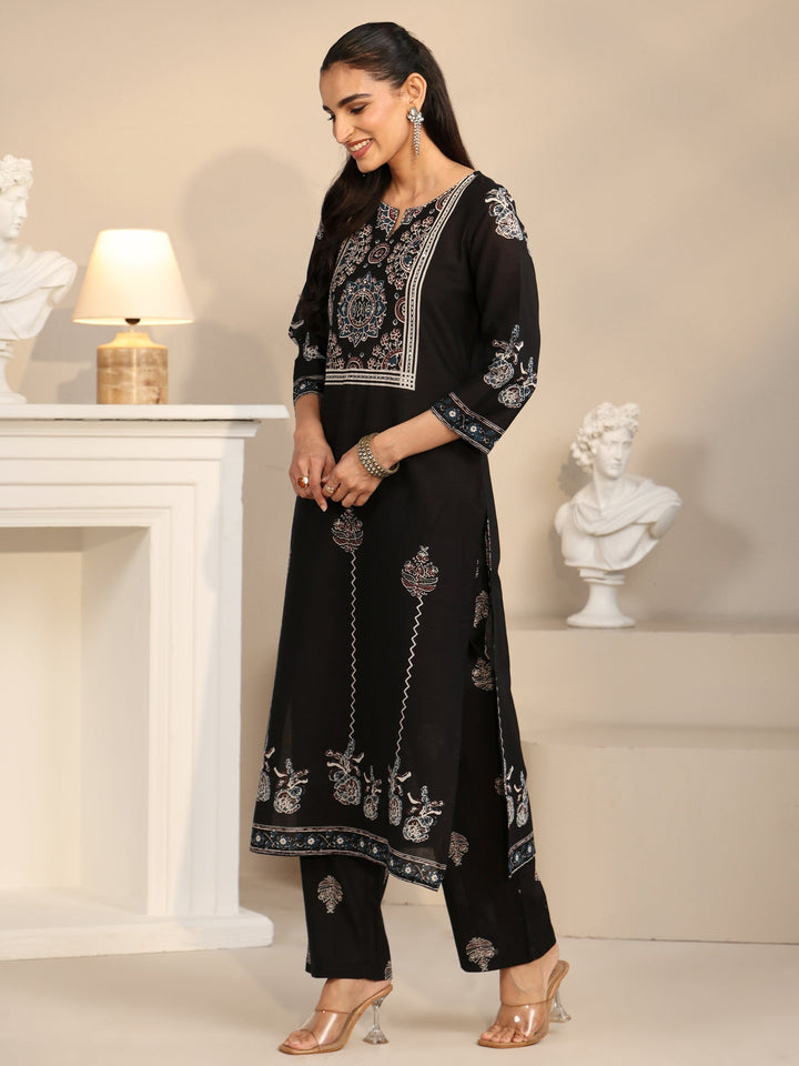 Libas Black Ajrakh Printed Cotton Straight Suit Set