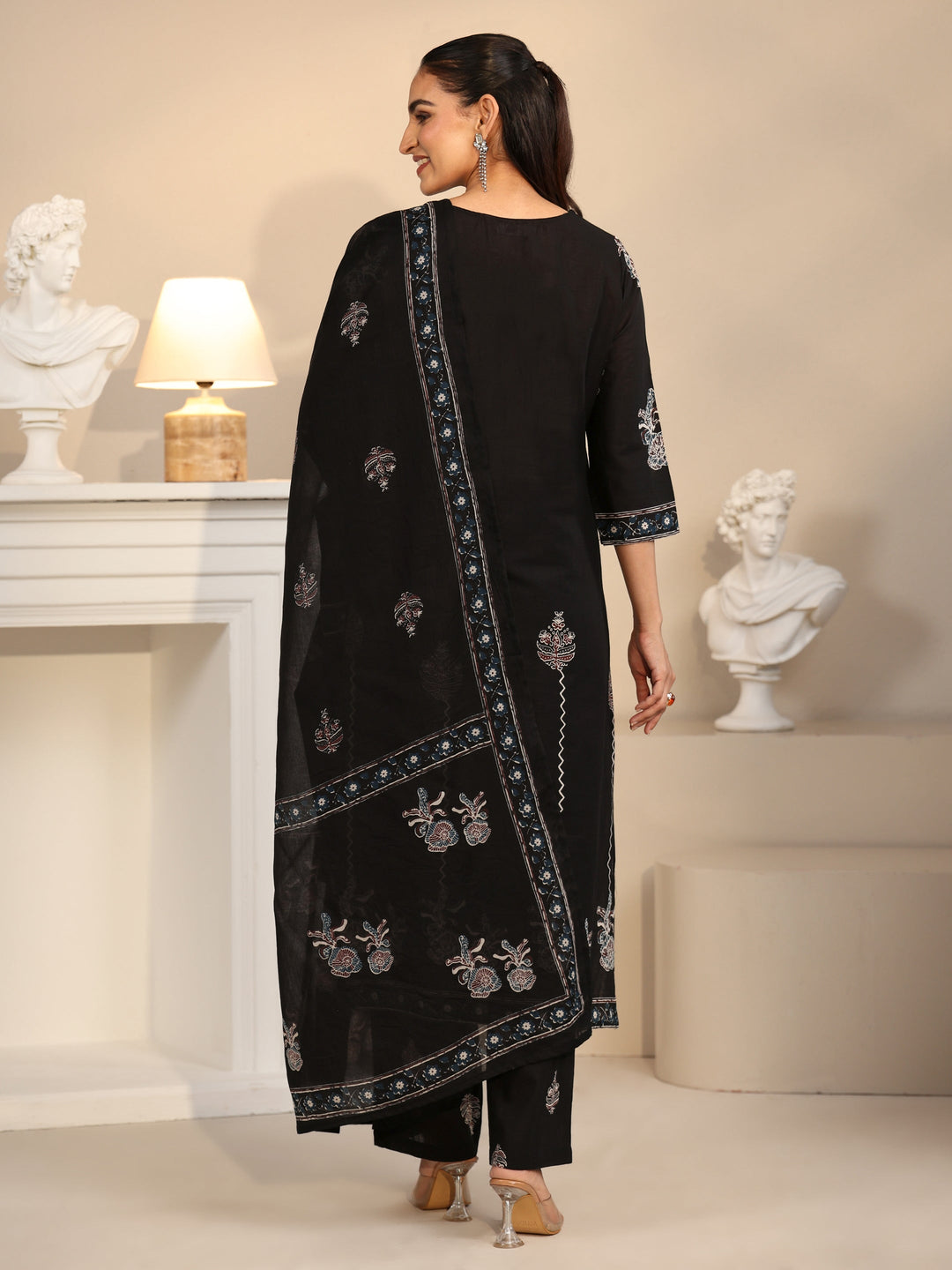 Libas Black Ajrakh Printed Cotton Straight Suit Set
