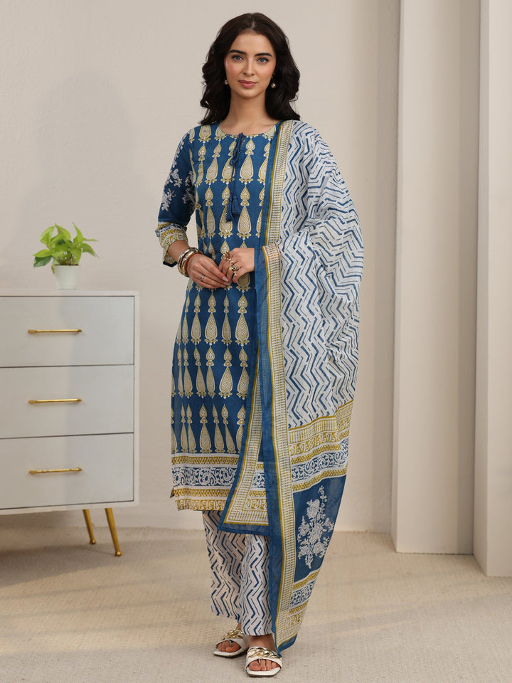 Libas Cobalt Blue Printed Cotton Straight Suit Set