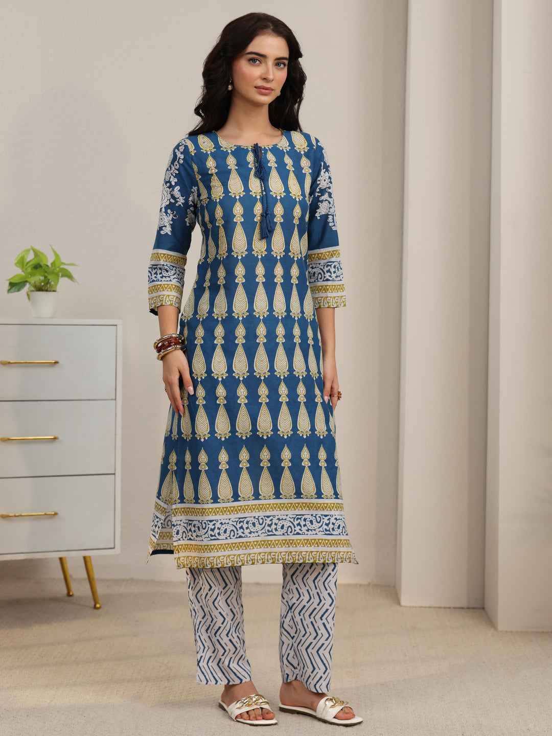 Libas Cobalt Blue Printed Cotton Straight Suit Set