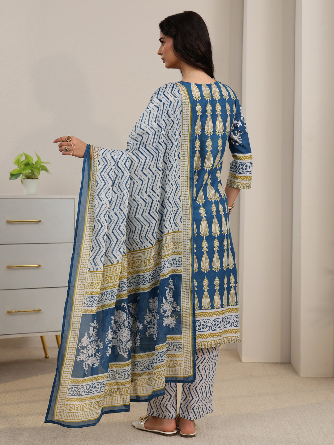Libas Cobalt Blue Printed Cotton Straight Suit Set