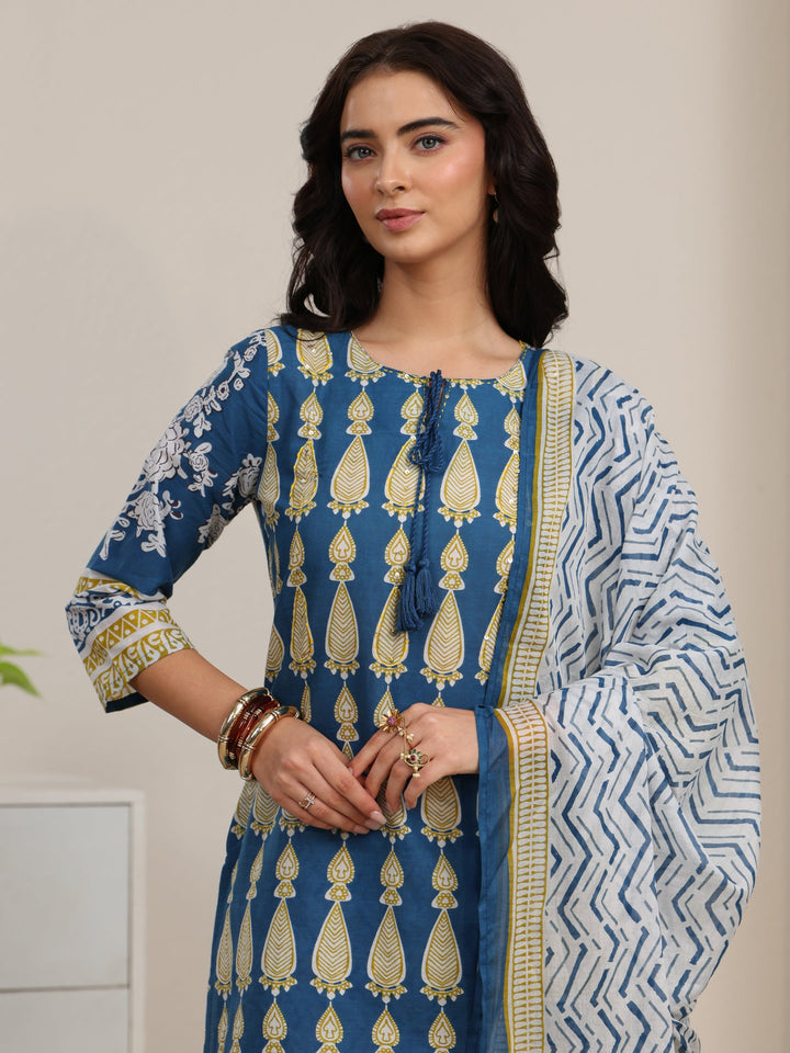 Libas Cobalt Blue Printed Cotton Straight Suit Set