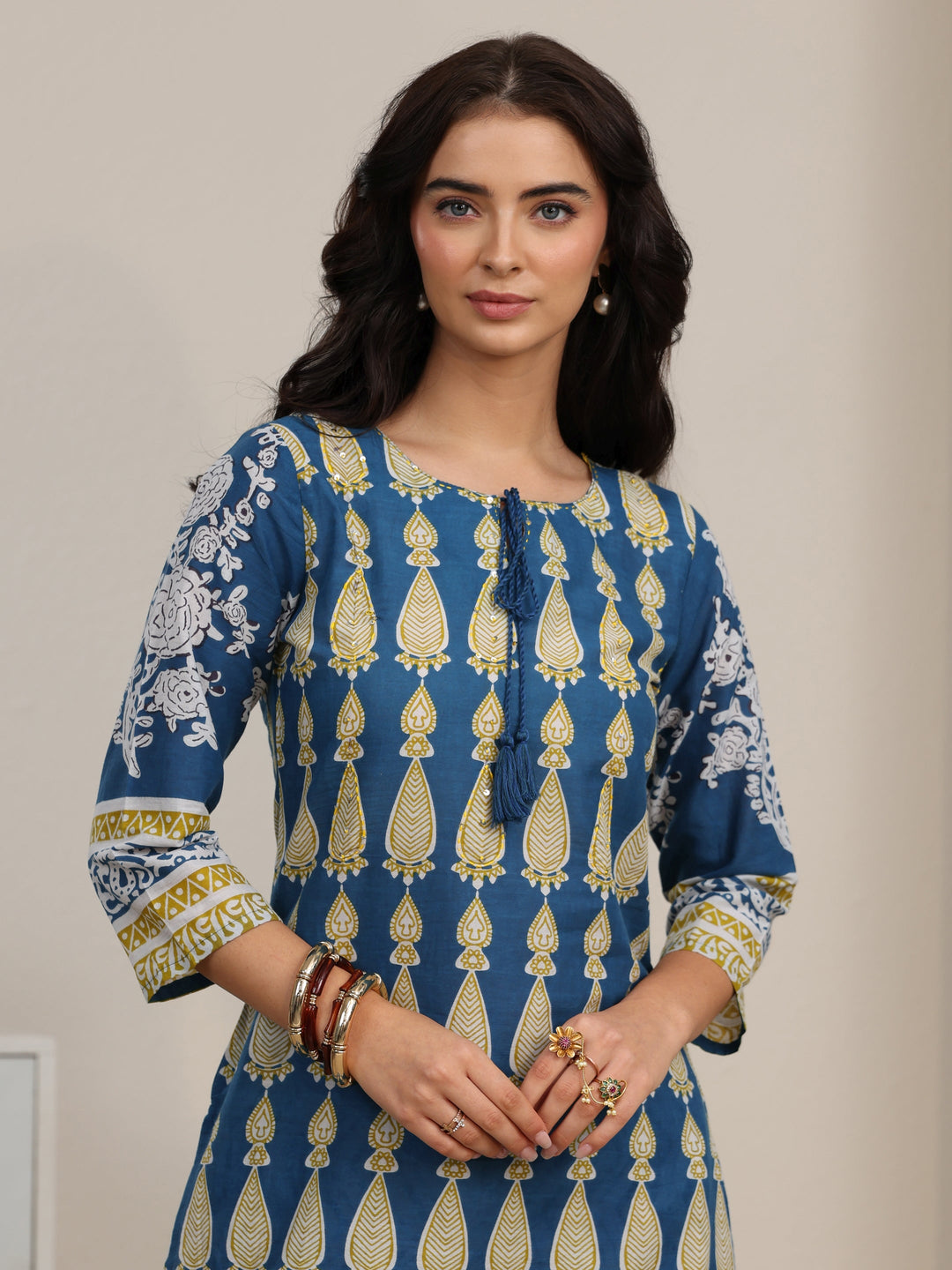 Libas Cobalt Blue Printed Cotton Straight Suit Set