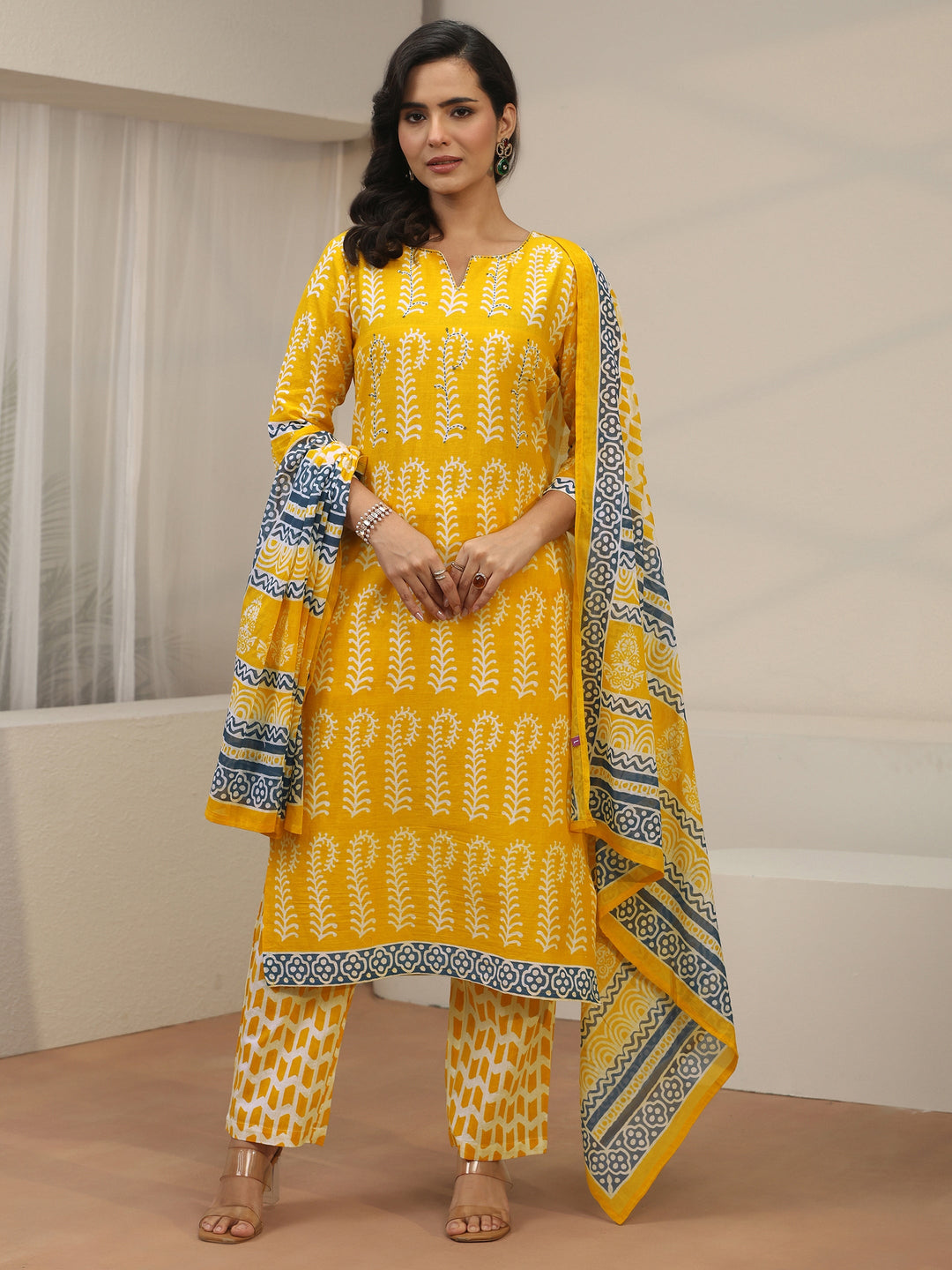 Libas Yellow Block Printed Cotton Straight Suit Set
