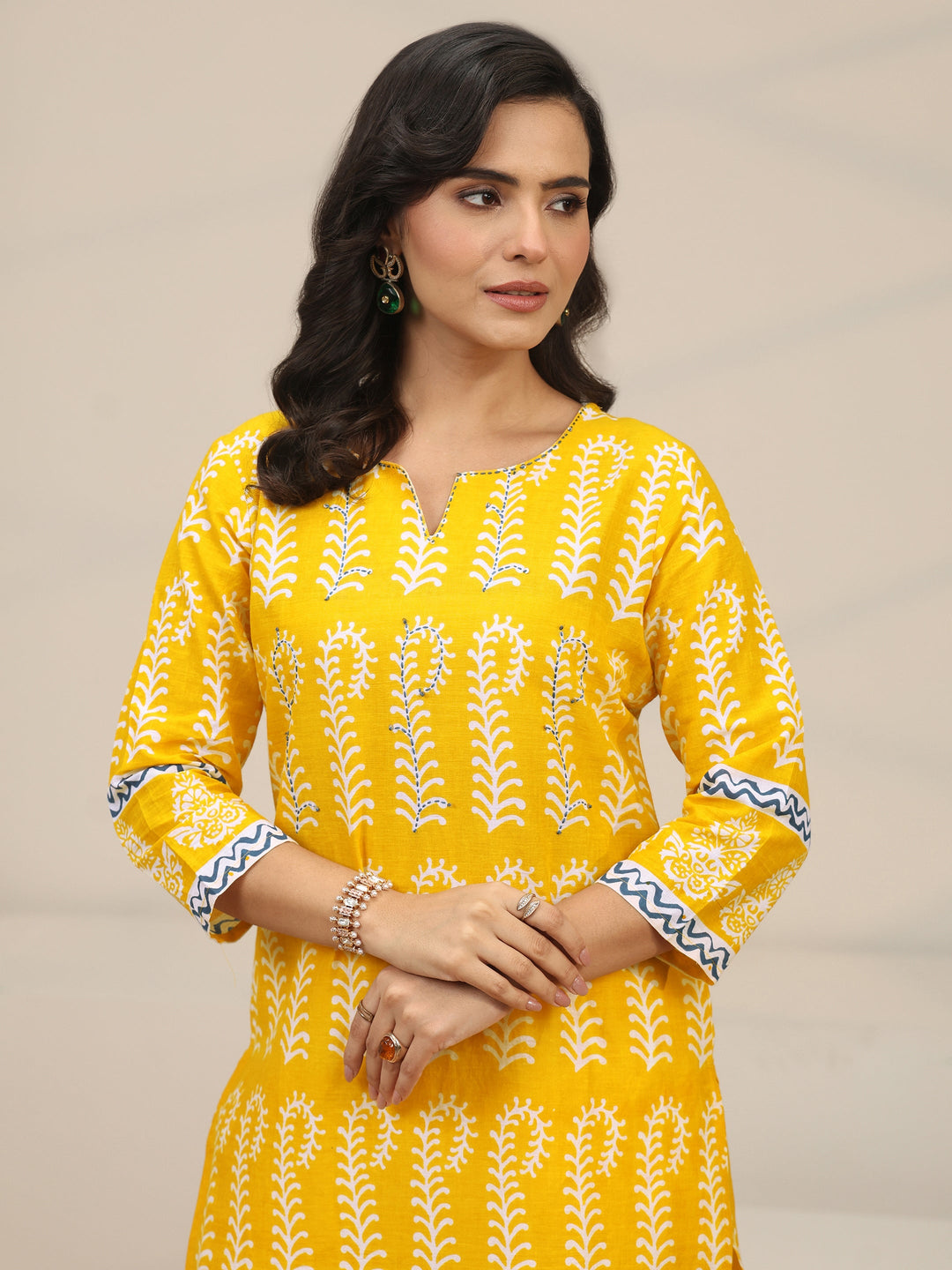Libas Yellow Block Printed Cotton Straight Suit Set