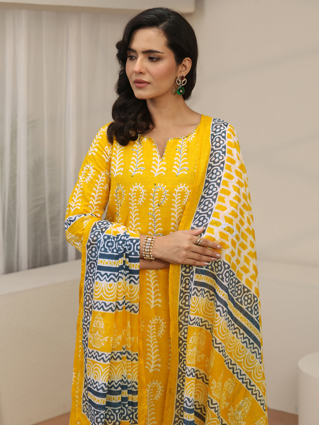 Libas Yellow Block Printed Cotton Straight Suit Set