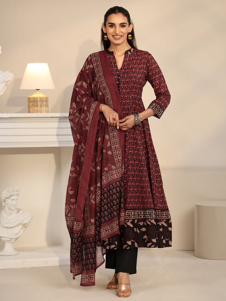 Libas Rust Red Ajrakh Printed Cotton Anarkali Suit Set