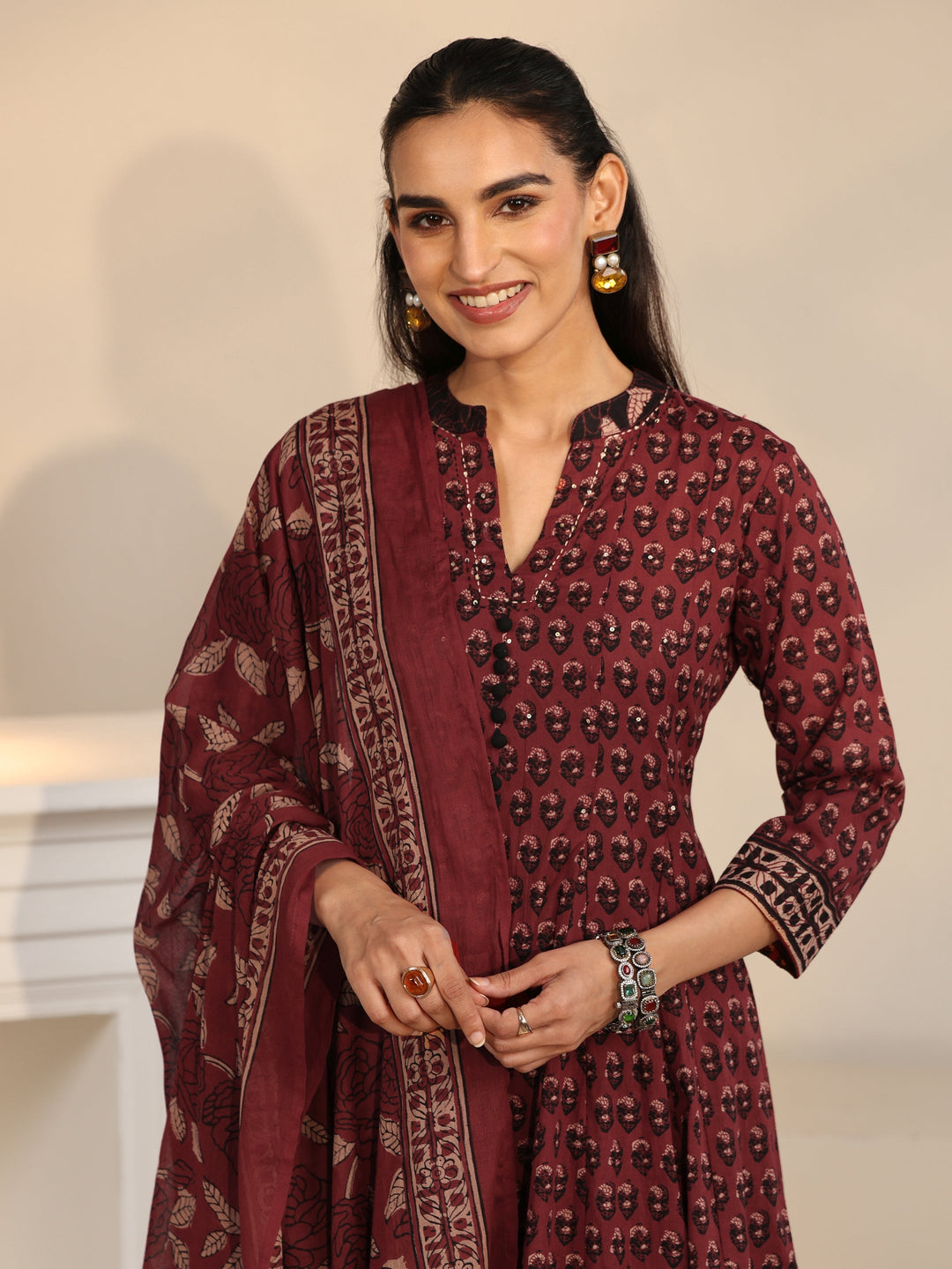 Libas Rust Red Ajrakh Printed Cotton Anarkali Suit Set