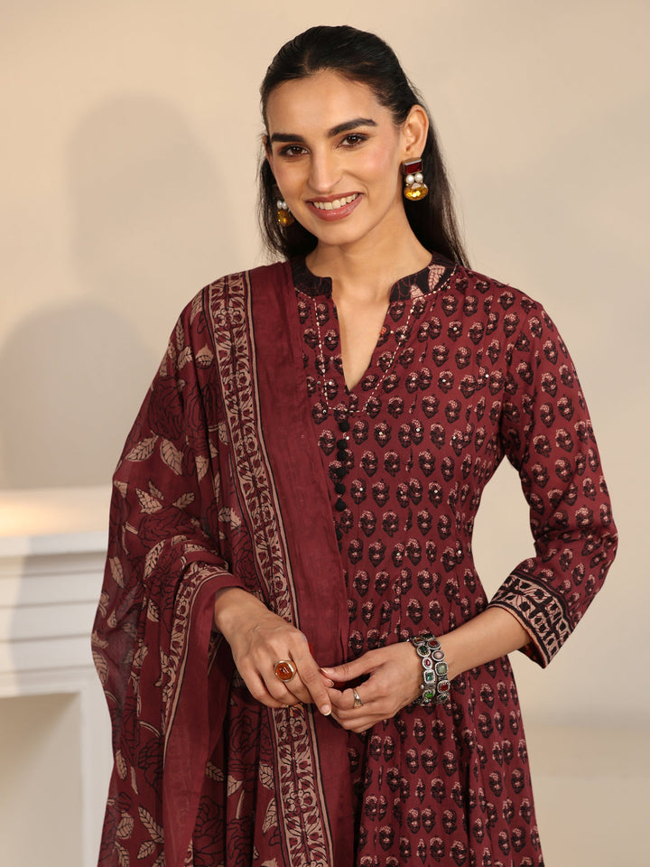 Libas Rust Red Ajrakh Printed Cotton Anarkali Suit Set