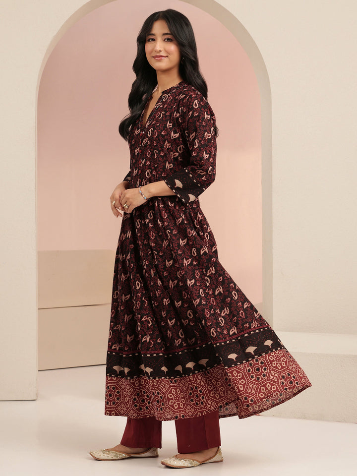 Libas Black Ajrakh Printed Cotton Anarkali Suit Set