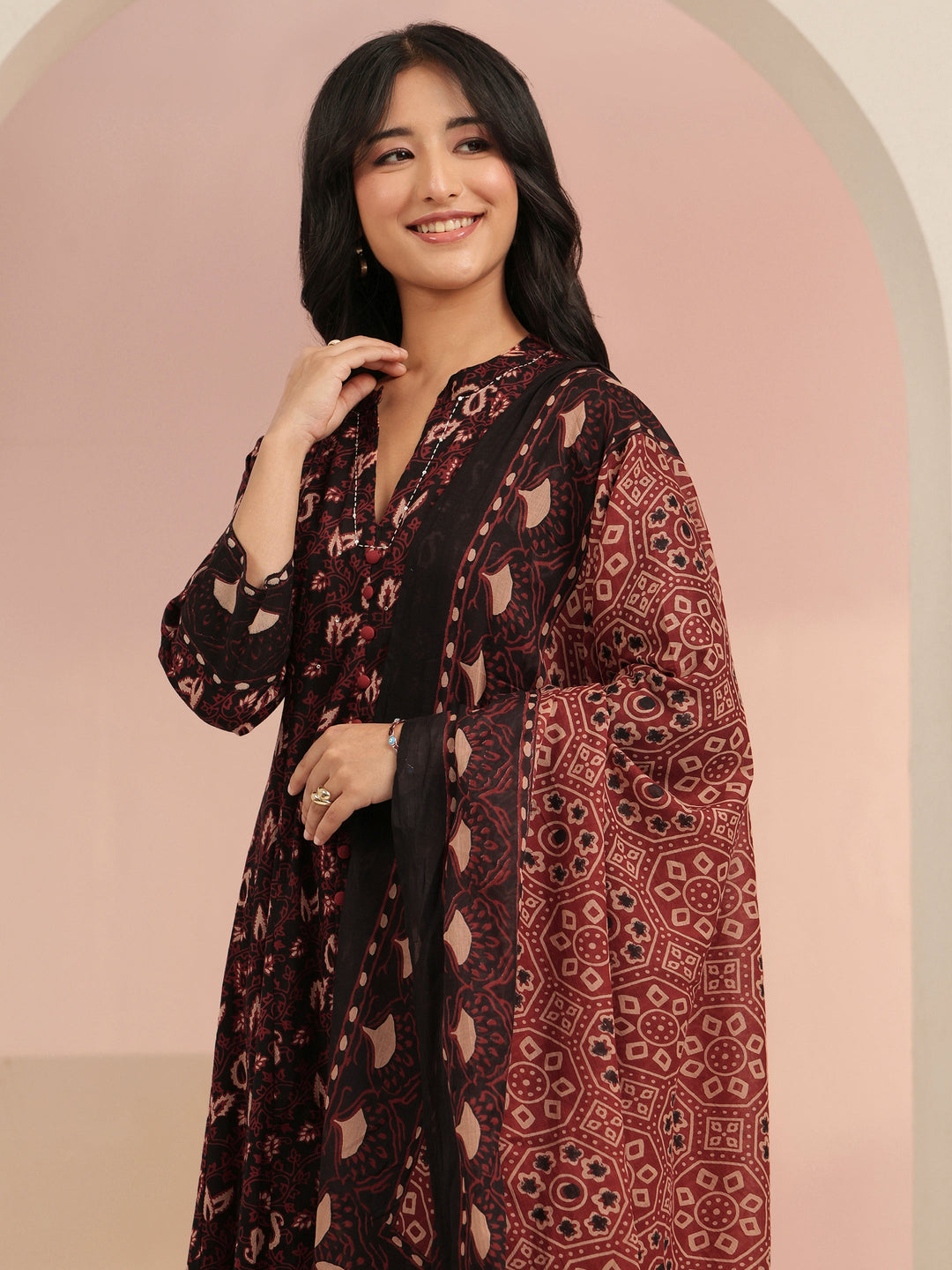 Libas Black Ajrakh Printed Cotton Anarkali Suit Set