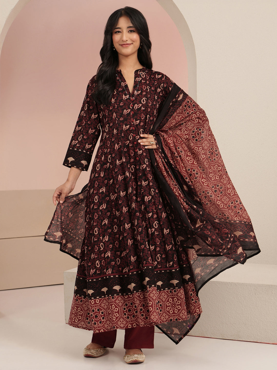 Libas Black Ajrakh Printed Cotton Anarkali Suit Set