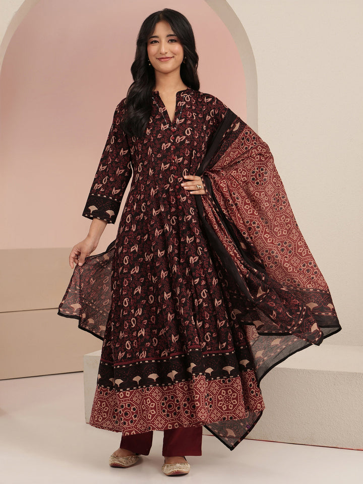 Libas Black Ajrakh Printed Cotton Anarkali Suit Set