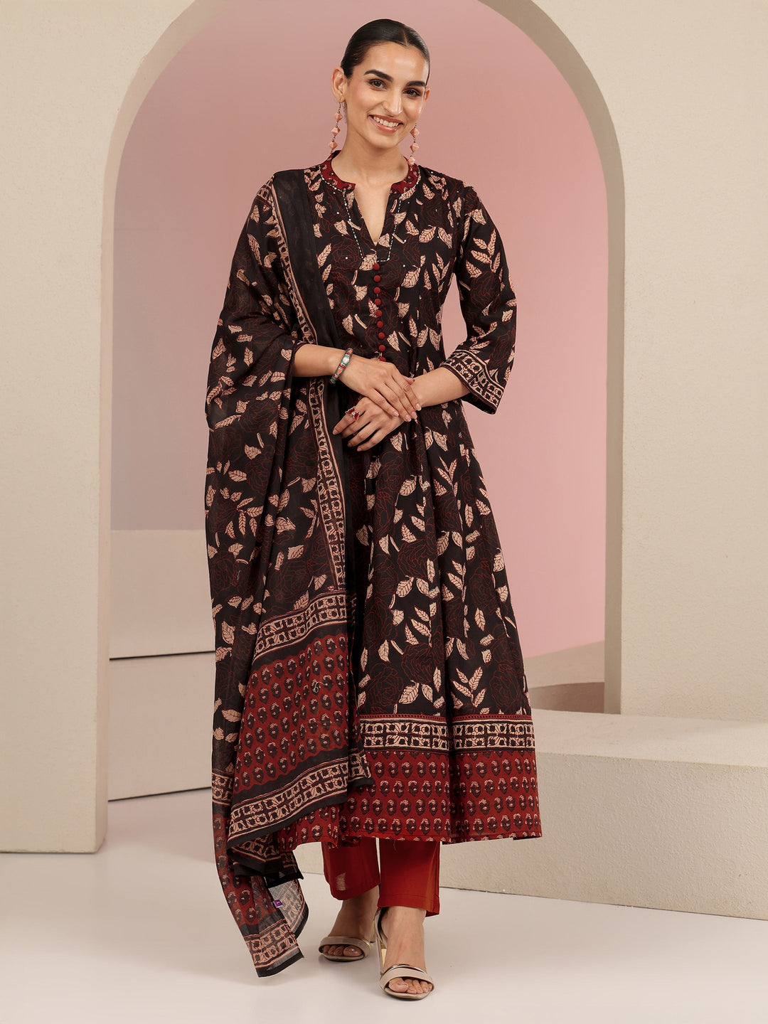 Libas Black Leaf Printed Anarkali Cotton Suit Set