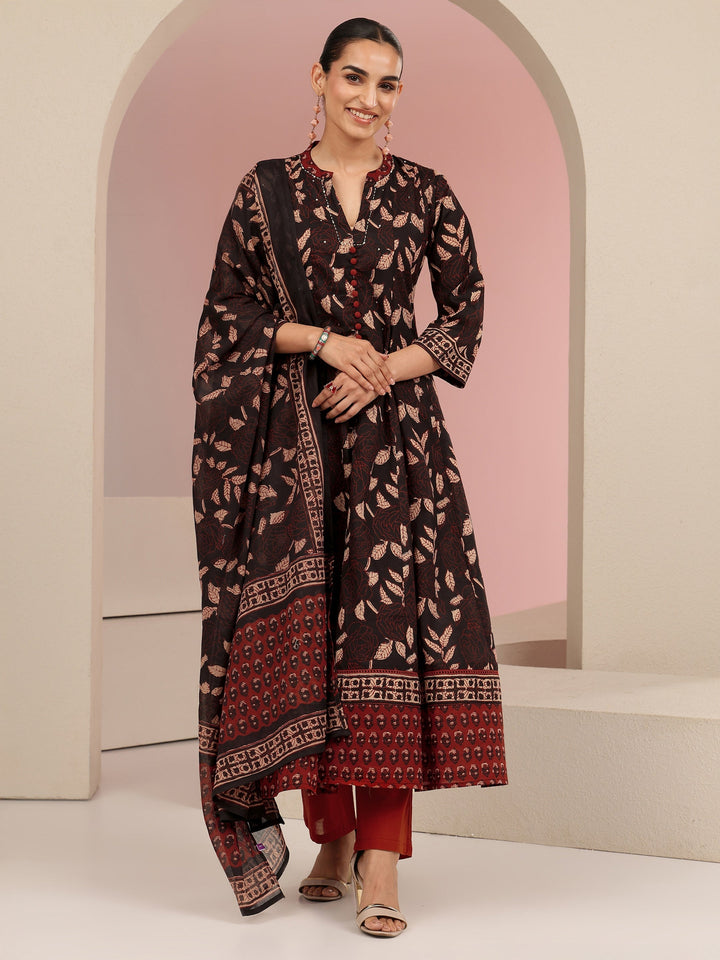 Libas Black Leaf Printed Anarkali Cotton Suit Set