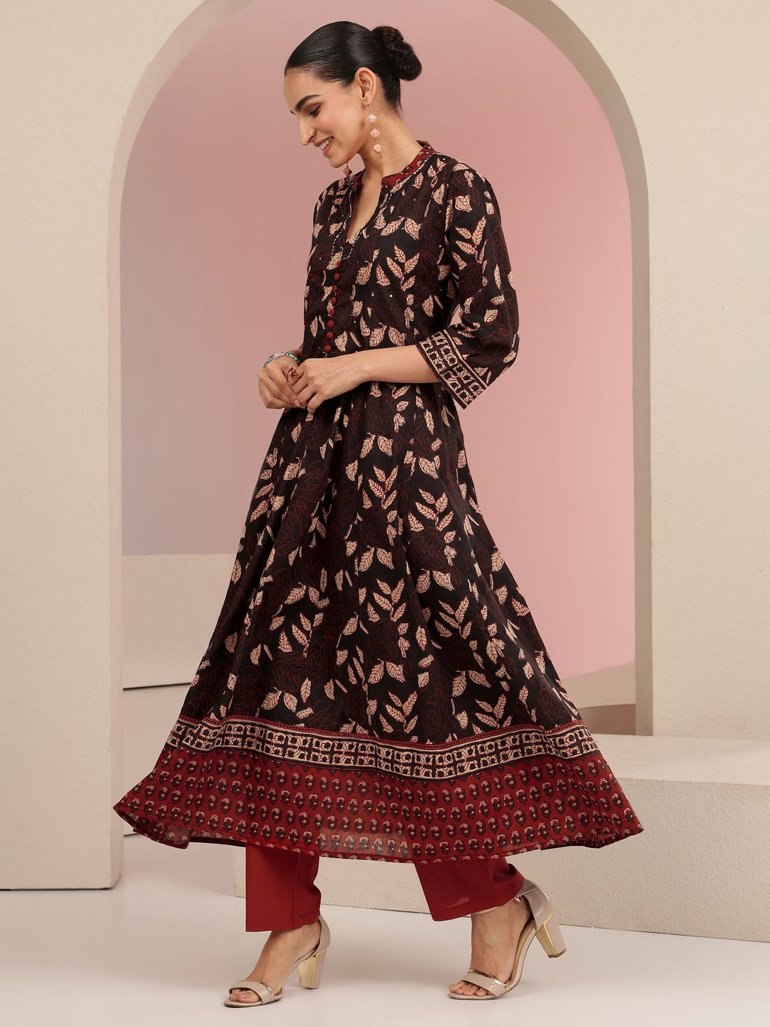 Libas Black Leaf Printed Anarkali Cotton Suit Set
