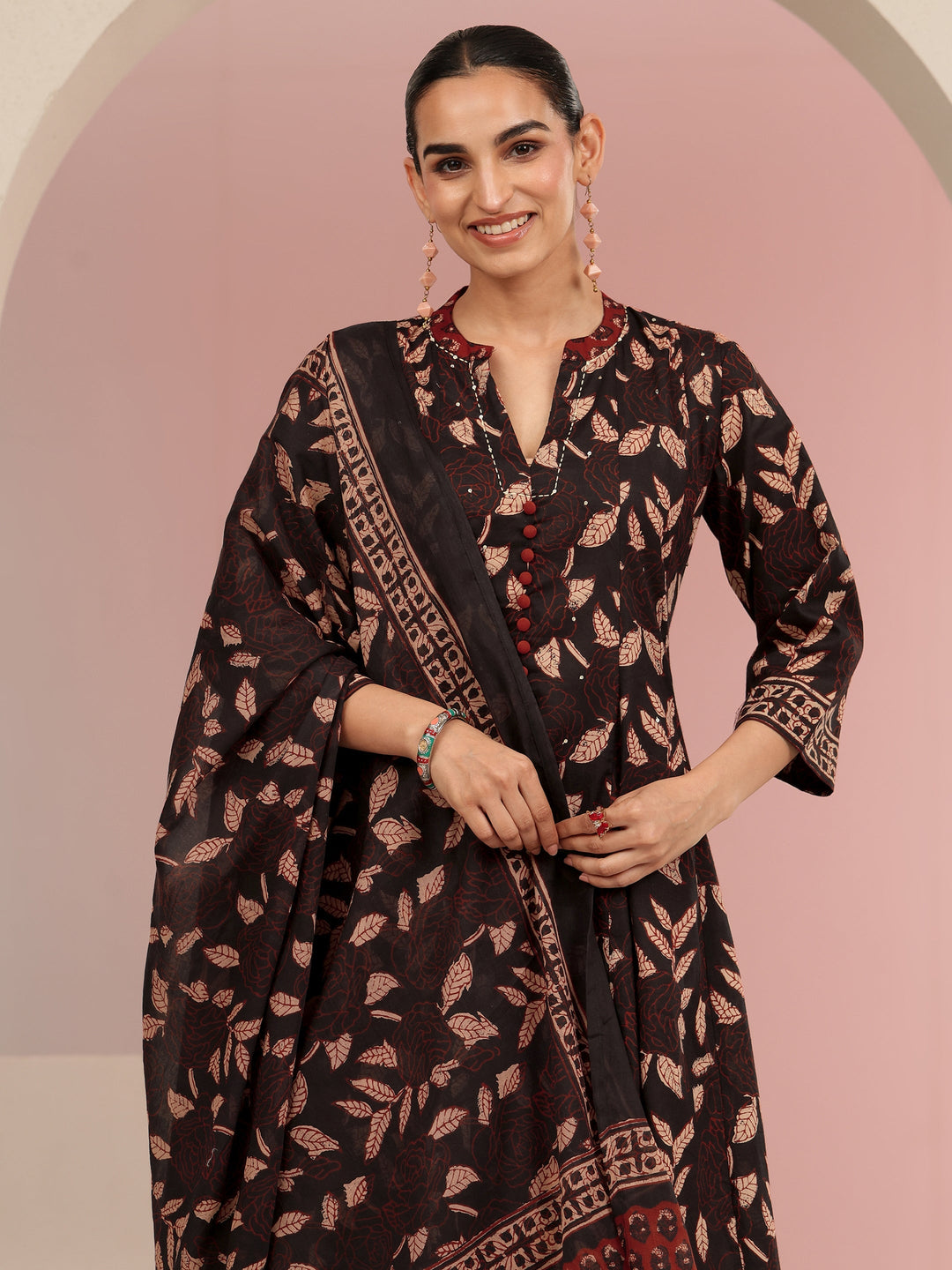 Libas Black Leaf Printed Anarkali Cotton Suit Set
