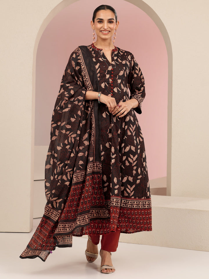 Libas Black Leaf Printed Anarkali Cotton Suit Set