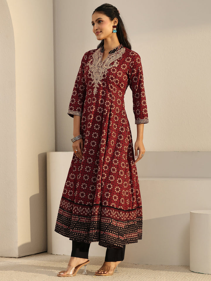 Libas Rust Brown Ajrakh Yoke Embroidered Cotton Anarkali Suit Set